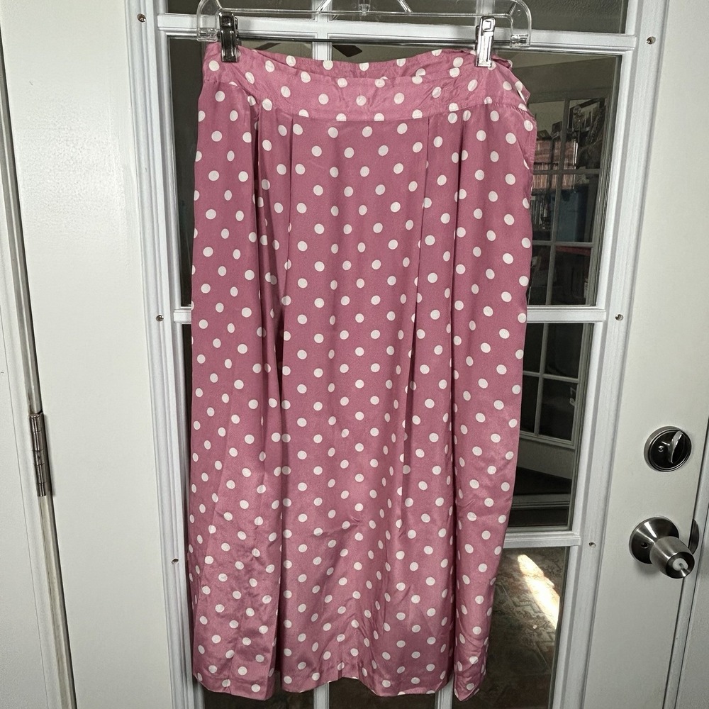 Vintage Career Guild Pink Polka Dot Pleated Midi Skirt A-Line Size 14 80s - Picture 2 of 9
